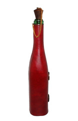 VTG MCM Wrapped Wine Bottle w/ Cork Medallion Red Vinyl Green Glass Empty 15.5&Prime;