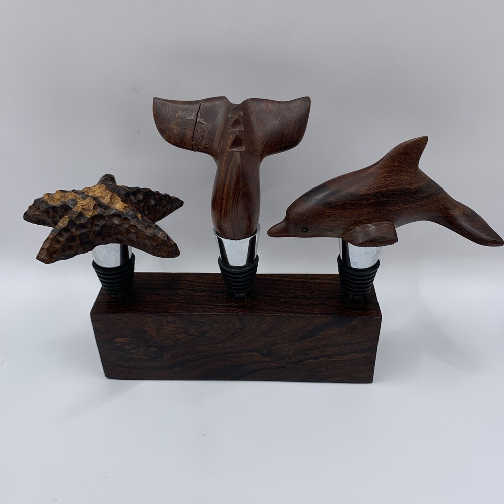 Hand Carved Wine Bottle Stopper SET Of 4 Dolphin Starfish Whale Tail Handcrafted