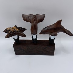 Hand Carved Wine Bottle Stopper SET Of 4 Dolphin Starfish Whale Tail Handcrafted