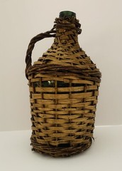 Rustic Wicker Wrapped Green Glass Bottle with a Handle VTG