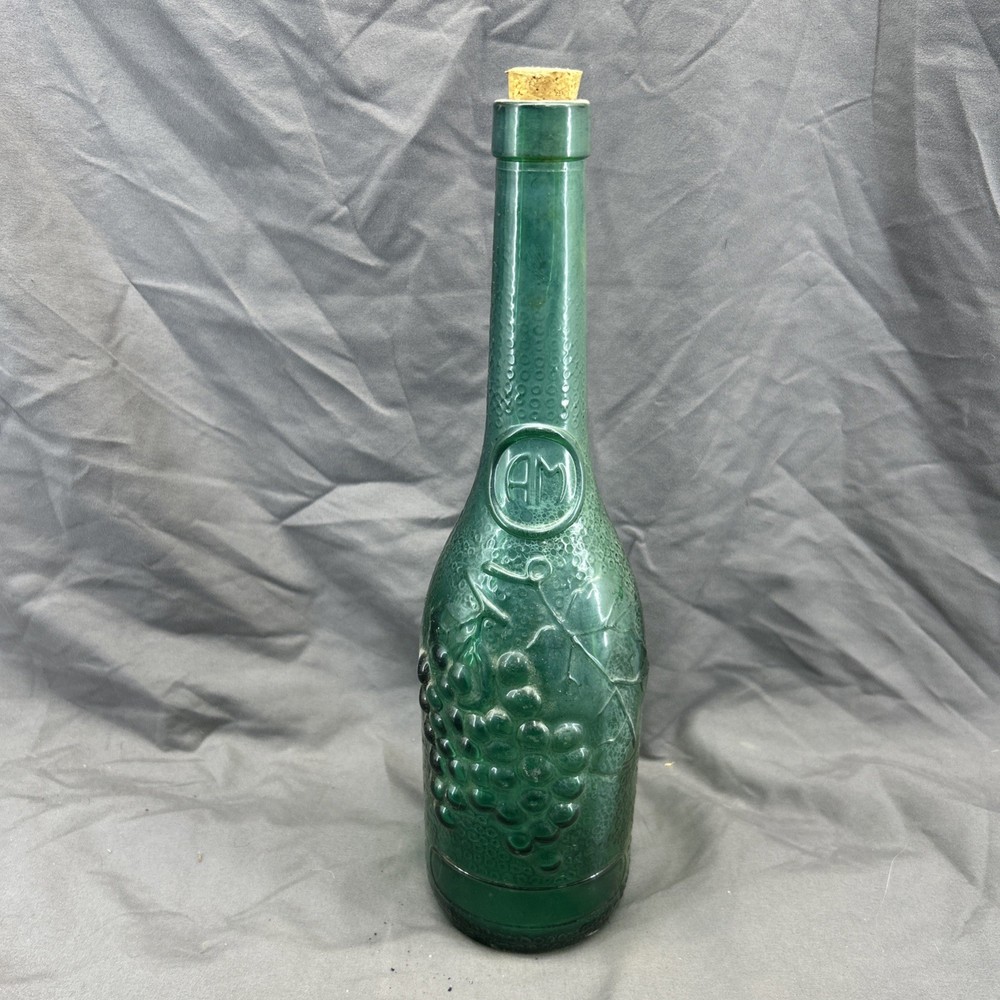 Vintage Teal Glass Bottle 11.25&Prime;H Grape Motif Spanish Glass Wine Carafe Canada