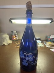Cobalt Blue Glass Wine Bottle — 750 ml. Moscato Risata 2017 White Wine EMPTY