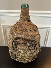 Demijohn Green Bottle Vintage Made In Barcelona Mark VBSA Wrapped In Wicker