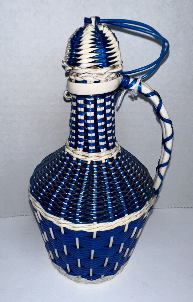 Vintage Blue Woven Plastic Green Glass Wine Bottle Jug Lid Wrapped Albania