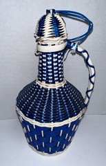 Vintage Blue Woven Plastic Green Glass Wine Bottle Jug Lid Wrapped Albania