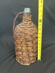 Antq Wicker Wrapped Aqua Glass Demijohn Wine Bottle 15” Tall French Farmhouse