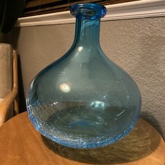 Big Blue Demijohn Studio Blown Glass bottle Crackled Bottom Polished Pontil