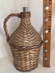 Vintage French Glass Demijohn Wine Bottle Wicker Rattan, 13” Tall