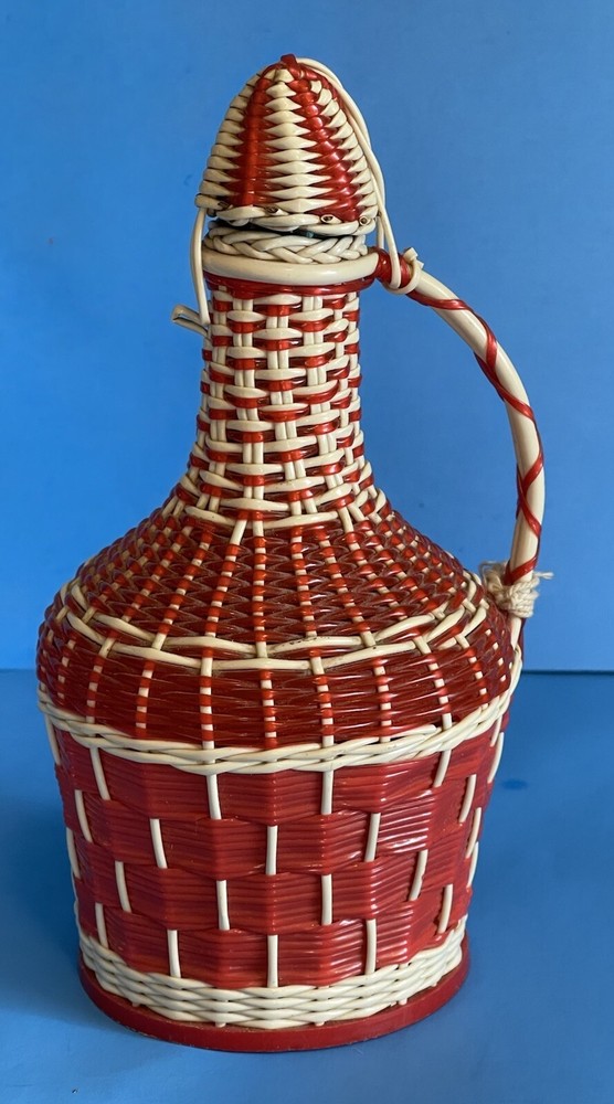 Vintage 60&rsquo;s Wine Decanter Plastic Wicker Wrapped Bottle Made in SPAIN