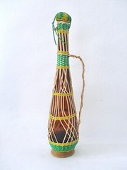 Vtg MCM Tall Brown EMPTY Wine Bottle Wicker Cover Metal Handle Wood Base Stopper