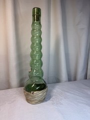 VTG 1973 Green Glass BUBBLE style Italian Empty Wine Bottle W/Wicker Base 13 In