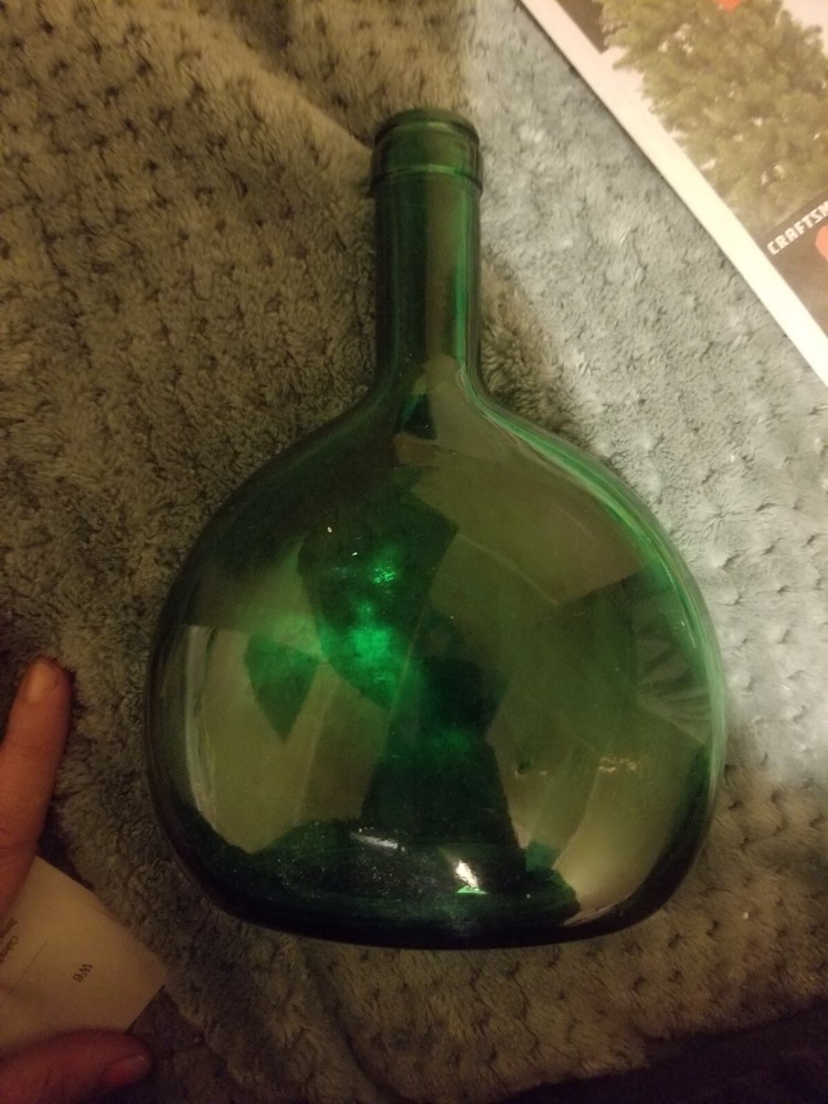 Vintage Collectible Green Glass Bocksbeutel Flattened Ellipsoid Shape 750 mL
