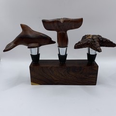 Hand Carved Wine Bottle Stopper SET Of 4 Dolphin Starfish Whale Tail Handcrafted