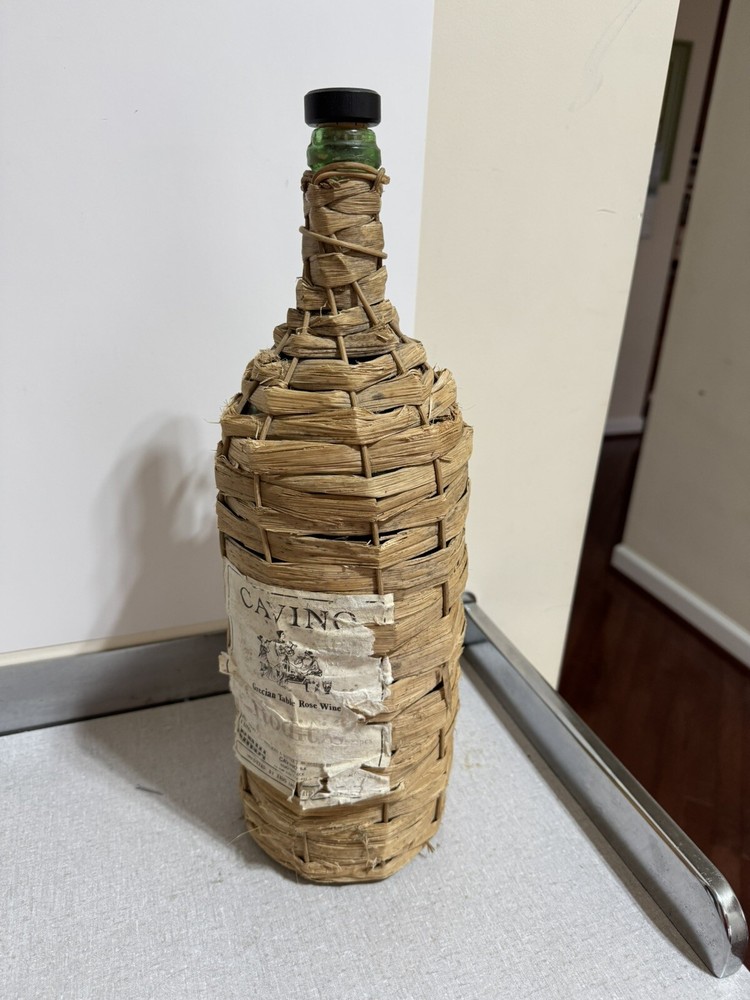VTG Wicker Rattan Wrapped Large Green Glass Wine Bottles With Handle
