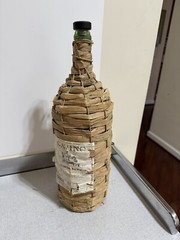 VTG Wicker Rattan Wrapped Large Green Glass Wine Bottles With Handle