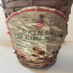 Vtg Wicker Wrapped Demijohn Dalmau Tarragona Green Glass Wine Bottle 13”h x 8.5”