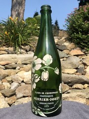 Vintage 1979 Perrier Joet Hand Painted Flower Champagne Green Glass Bottle Empty