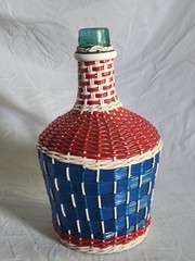 Vintage Viresa Demijohn Wine Bottle Scoubidou Woven Plastic Wicker Jug 1L 1960s