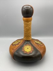 Vintage Italian Leather Wrapped Wine Bottle w/ Wood Stopper