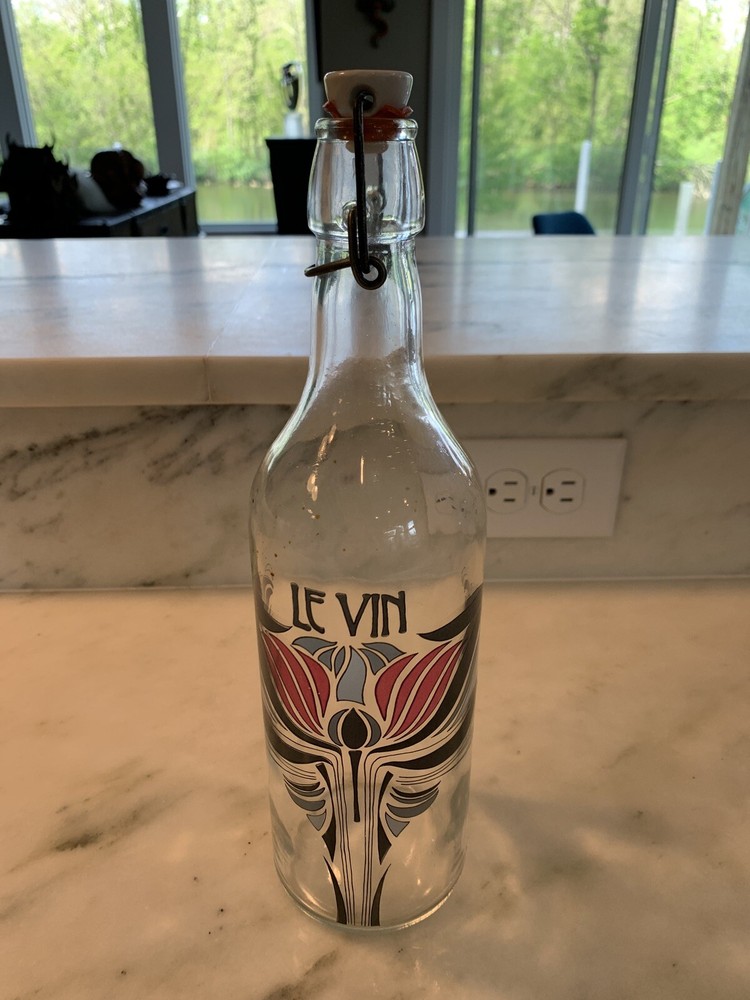 LE VIN Vintage French Wine Glass Bottle With Porcelain Stopper; ART NOUVEAU