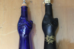 Pair of Mosel Riesling Cat Wine Bottles Frosted Black & Blue With Stoppers