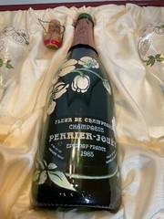 Perrier Jouet Champagne 1985 Empty Bottle Box Set w/2 Hand Painted Glass Flutes