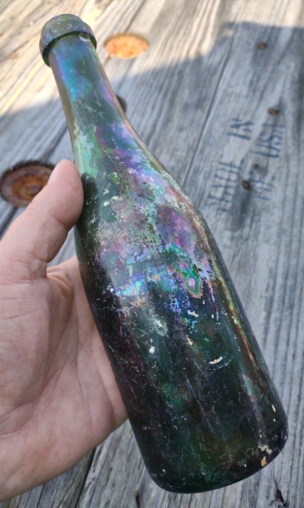 Antique Unbranded Wine Bottle With Iridescent Colored Patina Collectible