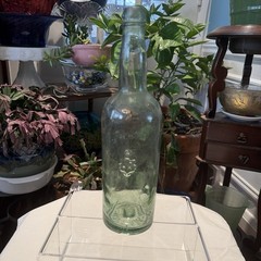 Pedro Domecq VTG Spanish Wine Embossed Crest Aqua Blown Glass Bottle 11.5”