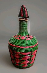 Vintage Green Viresa Glass Bottle Wrapped In Colorful Plastic Wicker 9.5” Tall