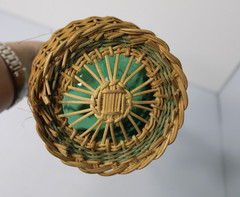 Vintage 21&Prime;H Green Glass Demijohn Carafe in Raffia, New Orleans Import Label