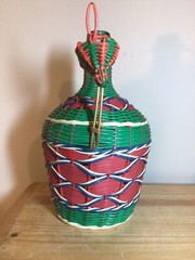 Vintage Viresa Spain Wine Bottle Plastic Woven Wicker Metal Handle Empty Boho
