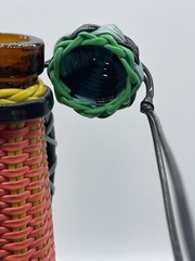 Vintage Plastic Colorful Wicker Wrapped Wine Bottle Decanter Made in Spain 14.5&Prime;