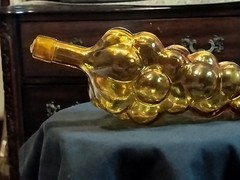 Vtg Amber Chianti Bottle w/ Cork MCM 1970s Hand Blown Glass Grape Bunch Shape