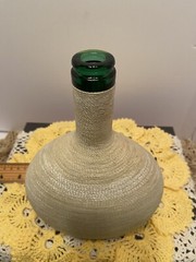 Twine Wrapped Liquor Bottle W/ Floral Medallion Rare Green Glass MCM Bar Decor
