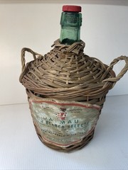 Vtg Wicker Wrapped Demijohn Label DALMAU Spain Green Glass Wine Bottle 13” tall