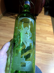 Beautiful Hand Etched Wine Bottle With City Skyline and Whimsical Figures