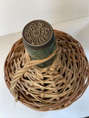 Vtg Wicker Wrapped Demijohn De Muller Viresa Spain Green Glass Wine Bottle 13”H*