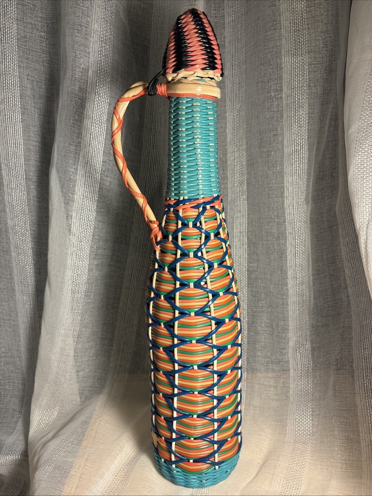 VTG Glass Liqueur Woven Scoubidou Demijohn Viresa Spain Wicker Bottle Boho 1960s
