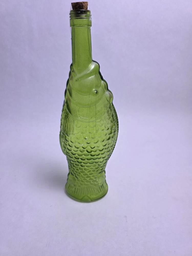 1970s Vintage Green Glass Fish Shaped Wine Bottle Decanter Beautiful