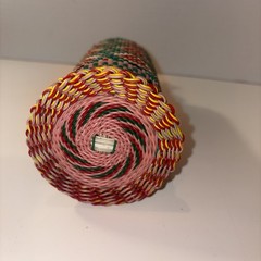 Vintage Viresa Scoubidou Wine Bottle & Cap Plastic Woven Wicker Spain Colorful