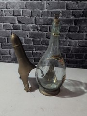 Vintage India Brass Italia Glass Bottle Wine Rum Liquor Decanter Bar Decor O7
