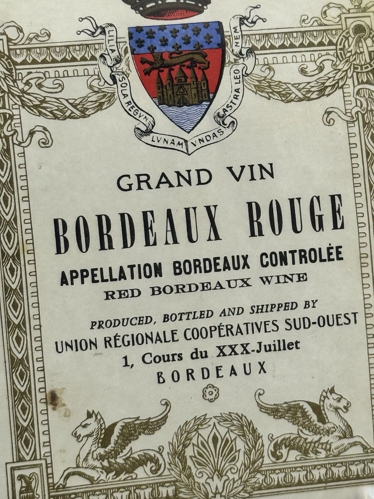 Vintage Grand Vin Bordeaux Red Bordeaux Wine Label 1 Cours Du XXX Juillet France
