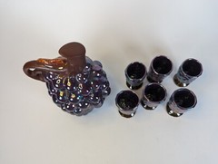 1940s Opalescent Grape Wine Decanter With Cork w 6 Tasting Cups MCM Complete Set