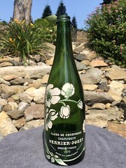 Vintage 1979 Perrier Joet Hand Painted Flower Champagne Green Glass Bottle Empty