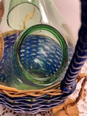 1963 Chianti Italian Wine Green Glass Decanter & Blue Wicker Basket w/labels.