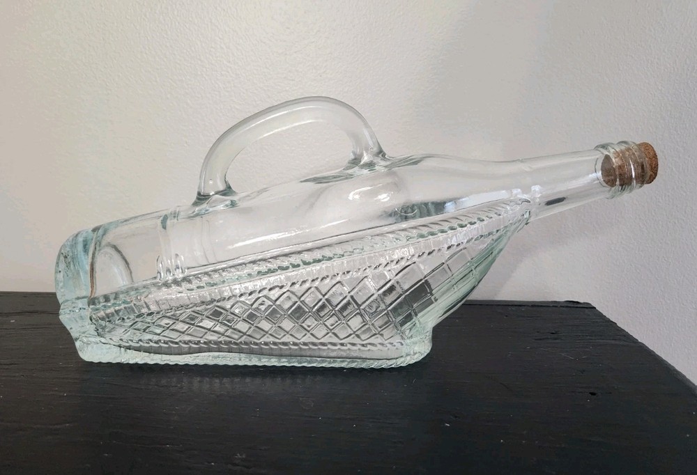 1966 London Winery Ltd Boat in Wicker Basket Wine Bottle With Handle & Cork Stop