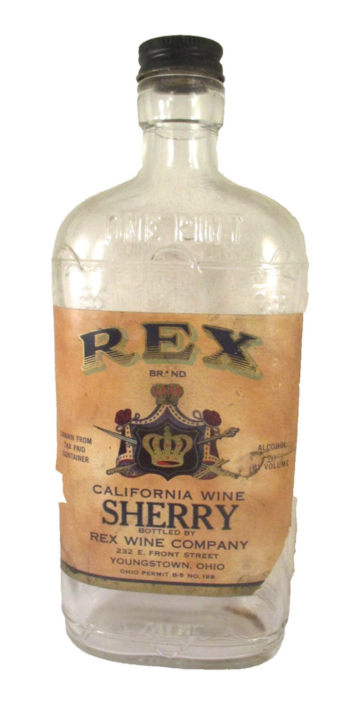 REX BRAND CALIFORNIA WINE SHERRY ONE PINT EMBOSSED GLASS BOTTLE YOUNGSTOWN OH