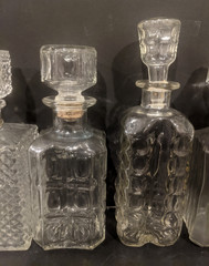 5 Old MCM 1960s Square Clear Glass Bar Liquor Bottles Bourbon Tag