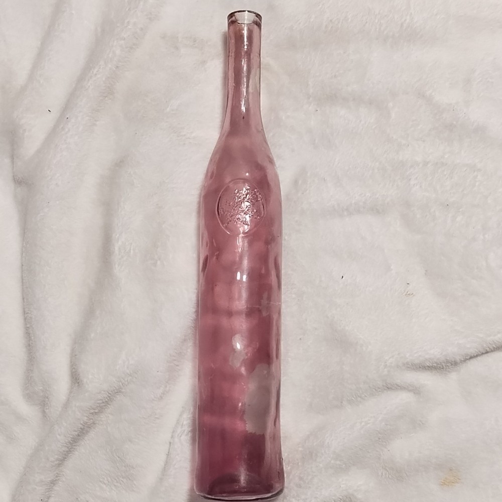 Pink Glass Wine Bottle Embossed Floral Design Collectible