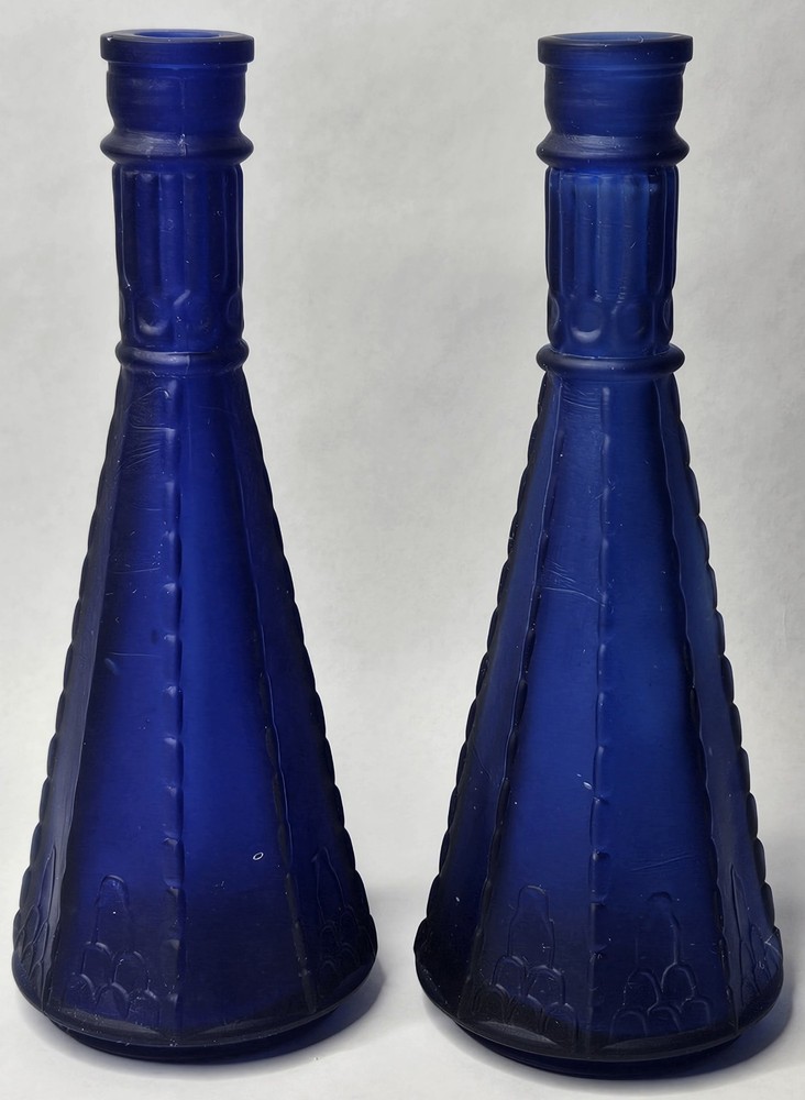 Vintage MCM Pair Morey Mallorca Frosted Cobalt Blue Glass Wine Bottles 11 1/2&Prime; T